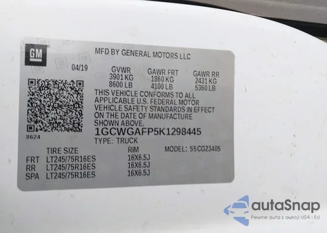 2019 Chevrolet Express 2500 Work Van z USA, uszkodzony, nr VIN 1GCWGAFP5K1298445